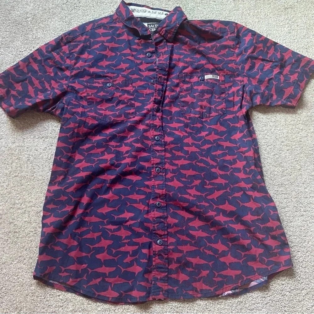 Salty Crew Shark Pattern Button Front Shirt Men’s Cotton Short Sleeve Collar